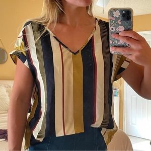 🦋 3/$9 Shein vertical striped blouse navy blue, maroon, white, & yellow medium